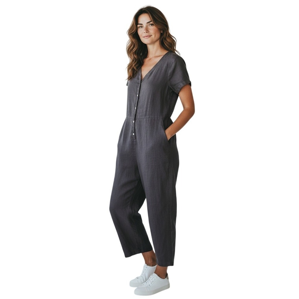 POU‎ NOU Black Linen Jumpsuit Wide Leg Button Front Minimalist M/L
